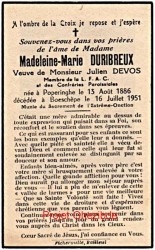 Madeleine Marie DURIBREUX veuve de Julien DEVOS, dcde  Boeschpe, le 16 Juillet 1951 (64 ans).